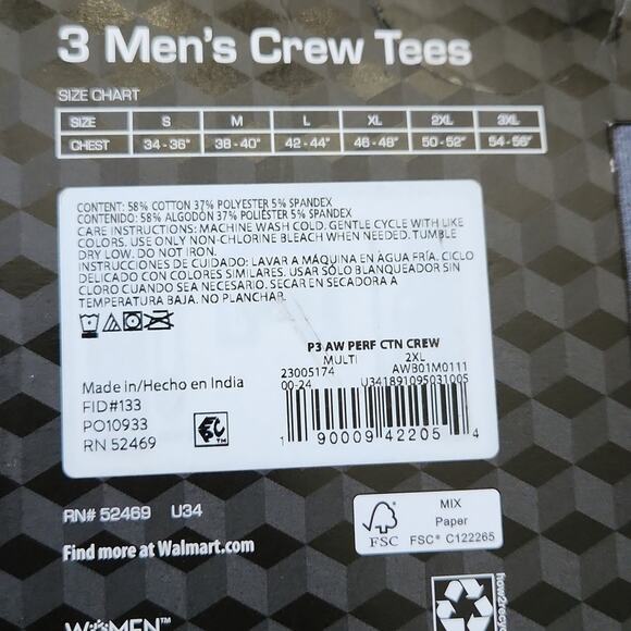 Athletic Works Mens 3 Pack Crew Tees Size 2XL Black, Blue, Gray Moisture Wicking - Picture 7 of 7